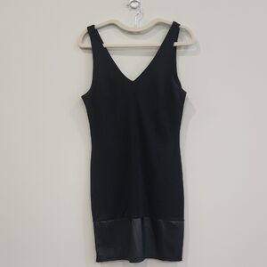 Metaphor Black V-Neck Mini Dress With Leather And Zippers, Size M